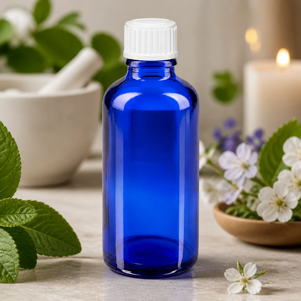 Frasco de cristal azul de 50 ml con tapón de rosca blanco, rodeado de hierbas frescas y flores