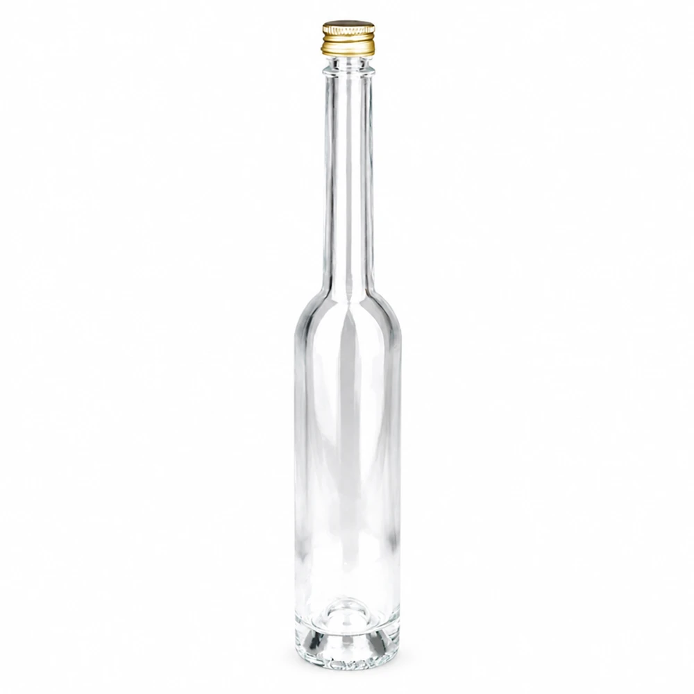 Botella de vidrio de 100 ml «Toni» y tapón de rosca plateado UNiTWIST® Botella de vidrio Toni de 100 ml con tapón de rosca dorado UNiTWIST - vidrio transparente, forma delgada, ideal para licores