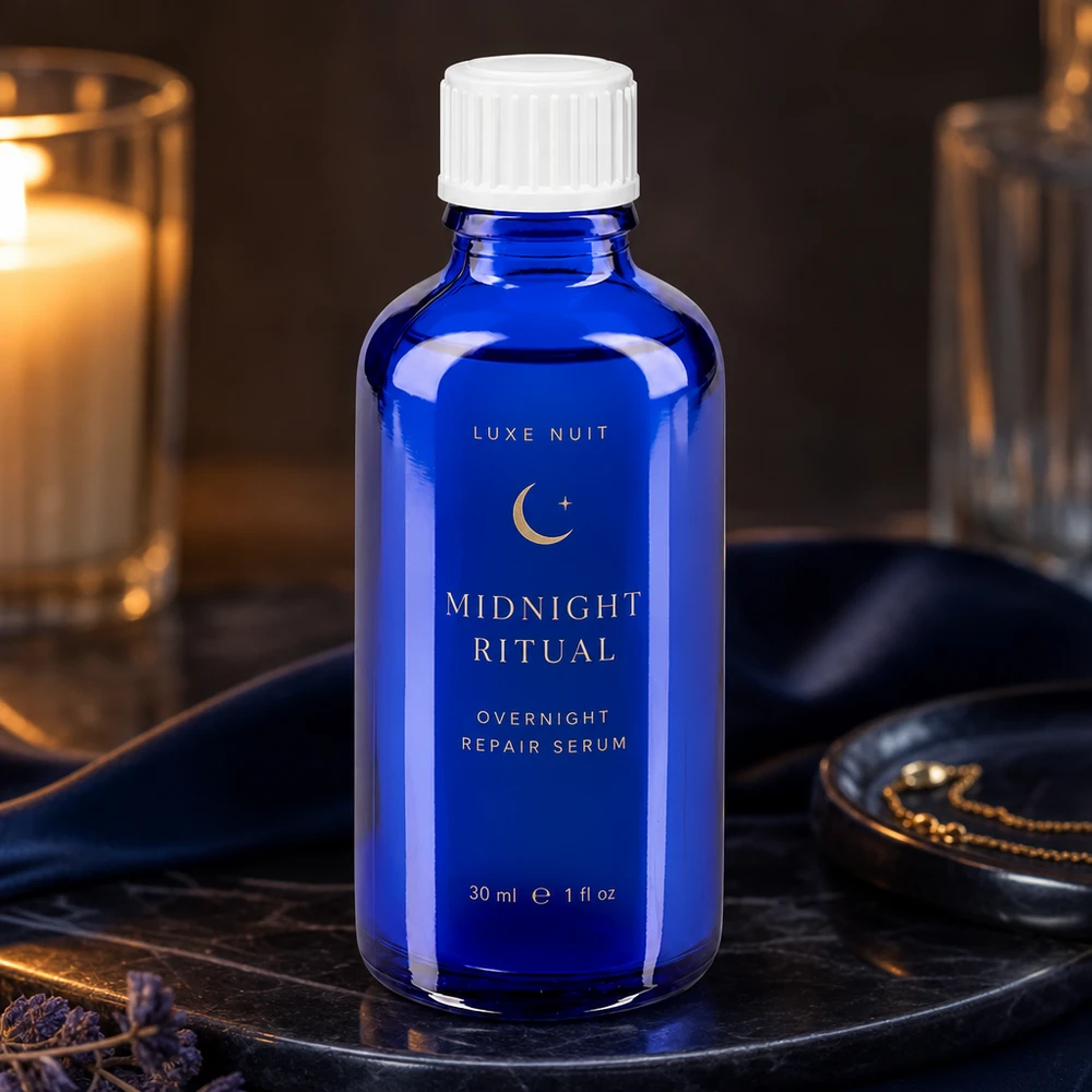 Frasco de cristal azul cobalto de 30 ml con tapón de rosca blanco, ideal como frasco para sérum en cosmética natural
