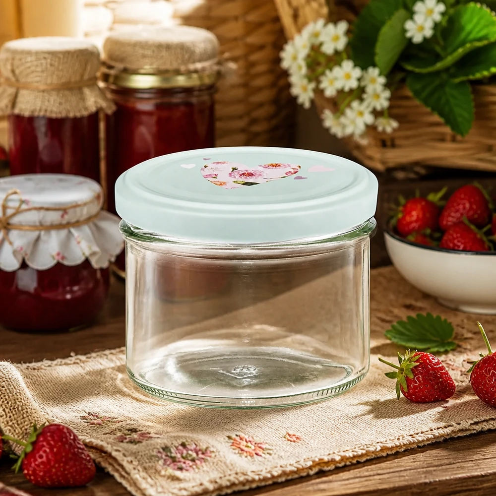 Vasos vacíos de 225 ml con tapa de corazón BasicSeal de menta delante de una escena rústica de tarro de mermelada con fresas