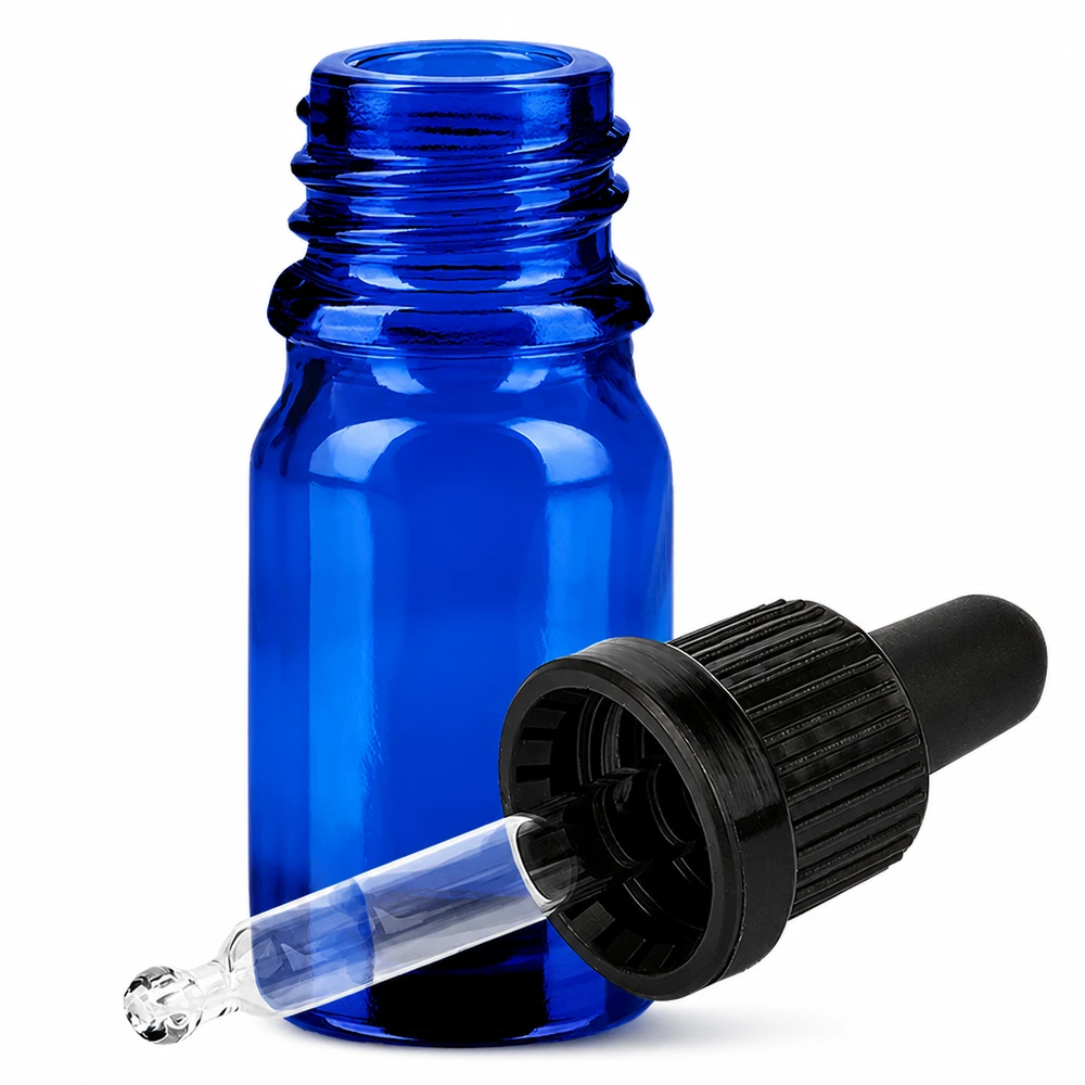 Frasco de vidrio azul de 5 ml con pipeta y tapón cuentagotas negro OV BlueLine UT18/5