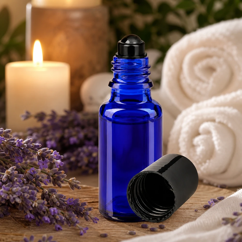 Frasco roll-on de 20 ml de cristal azul con lavanda y una vela en un ambiente de spa