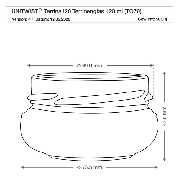 Tarro para terrina de 120ml sin tapa (TO70) UNiTWIST UNiTWIST Terrina120 sopera de vidrio 120ml TO70 con dibujo técnico y dimensiones 69mm diámetro 43.6mm altura