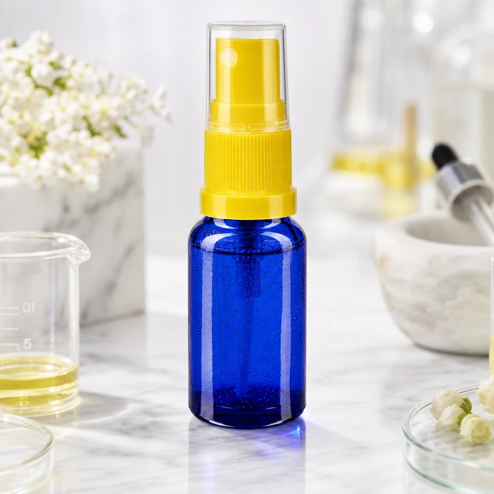Frasco de farmacia azul de 30 ml con pulverizador para aceites esenciales y formulaciones cosméticas