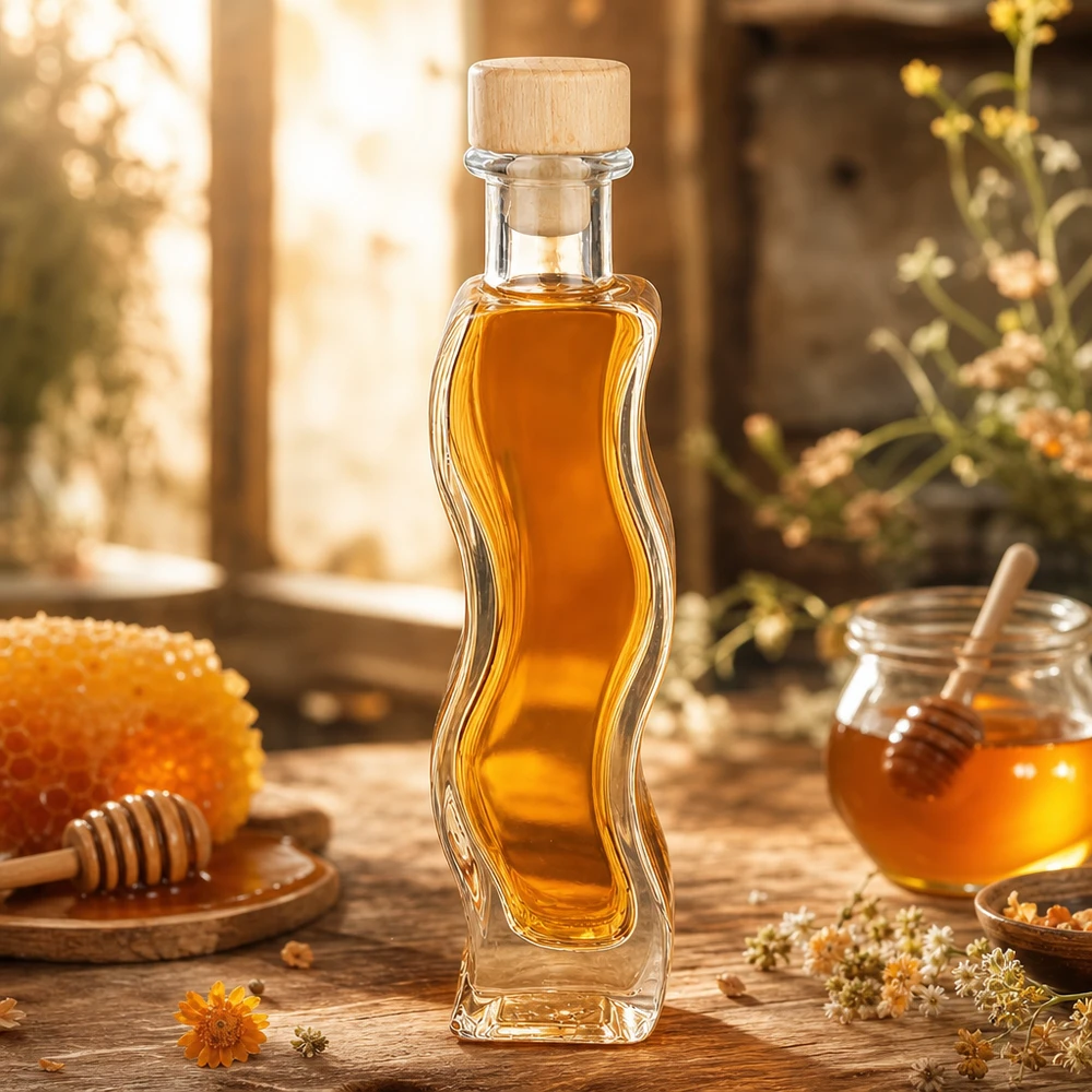 Botella de vidrio de 100 ml «Melissa» con tapón de corcho con asa de madera UNiTWIST® Glasflasche Melissa 100ml mit Honig befüllt rustikale Küche Holzkorken Bienenwaben natürliche Dekoration