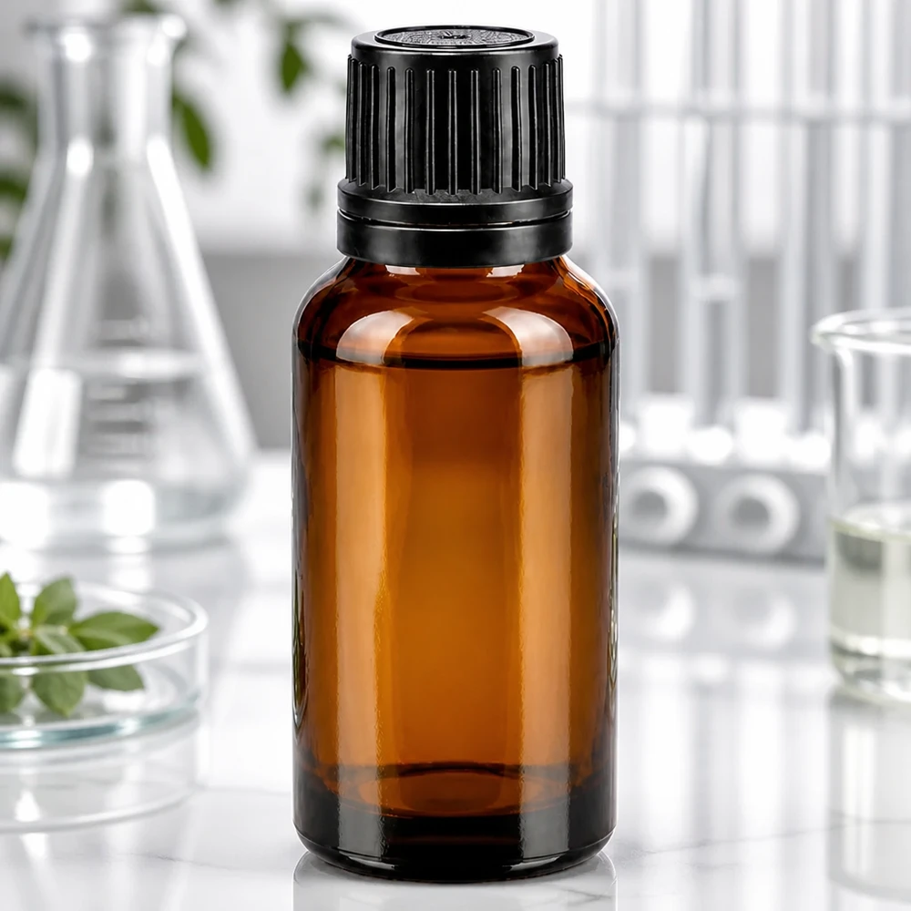 Pequeña botella de vidrio marrón de 20 ml con tapón de rosca negro a prueba de niños, para aplicaciones de laboratorio