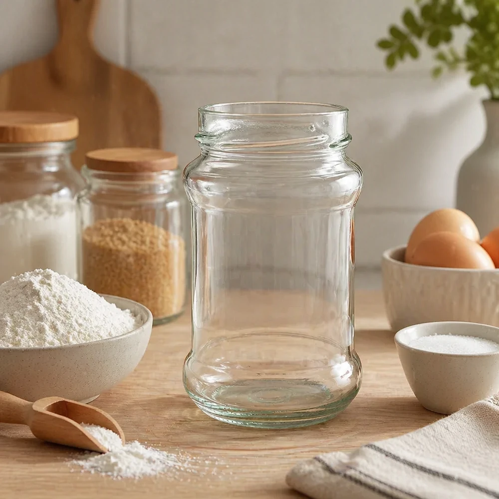 Tarro redondo de 390ml sin tapa (TO66deep) UNiTWIST UNiTWIST Runda390 tarro redondo 390ml TO66dep tarro de conserva vacío sobre tabla de madera en cocina con ingredientes de repostería y huevos
