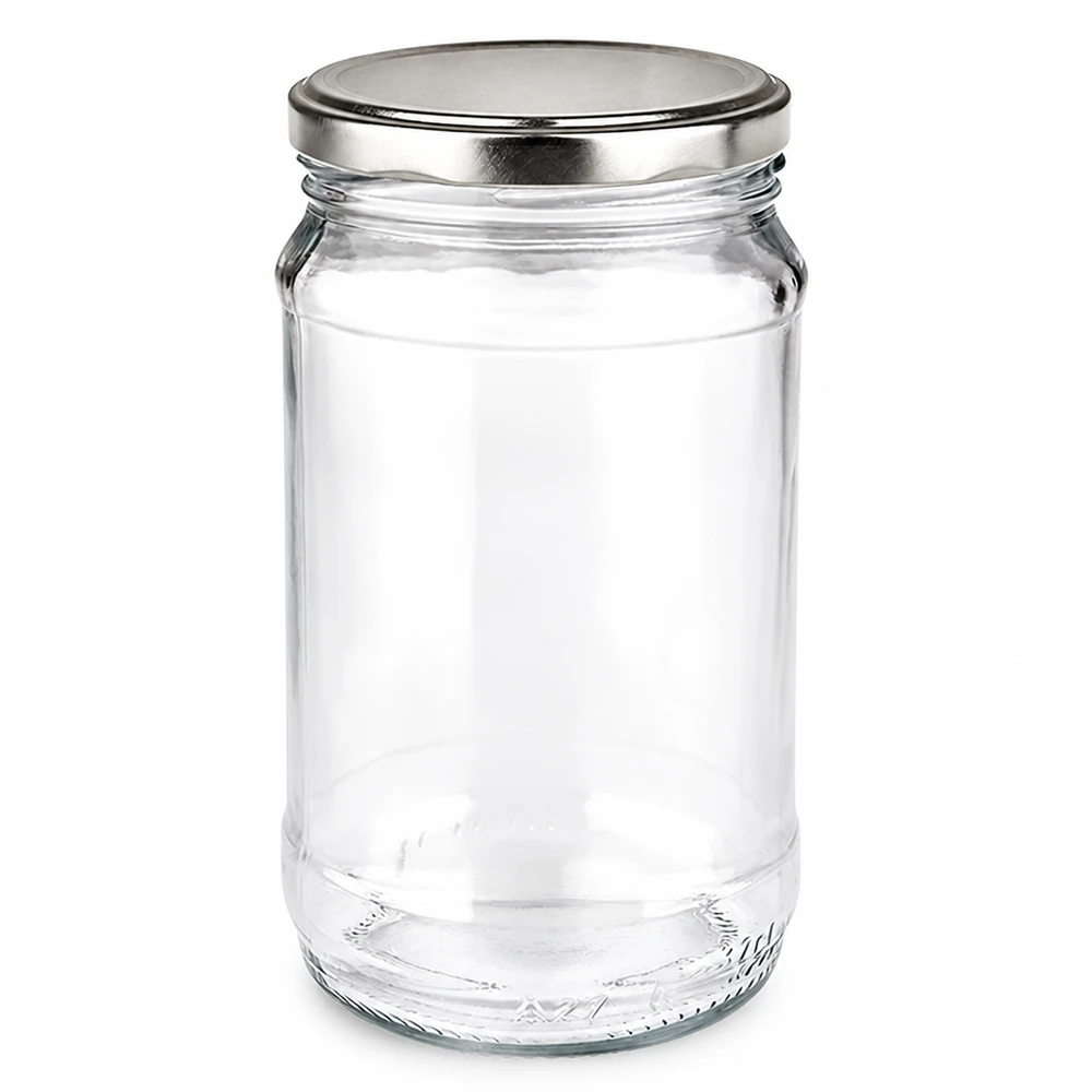 Tarro redondo de 370 ml con tapa BasicSeal Twist-Off plateada de cristal transparente, para mermeladas y conservas