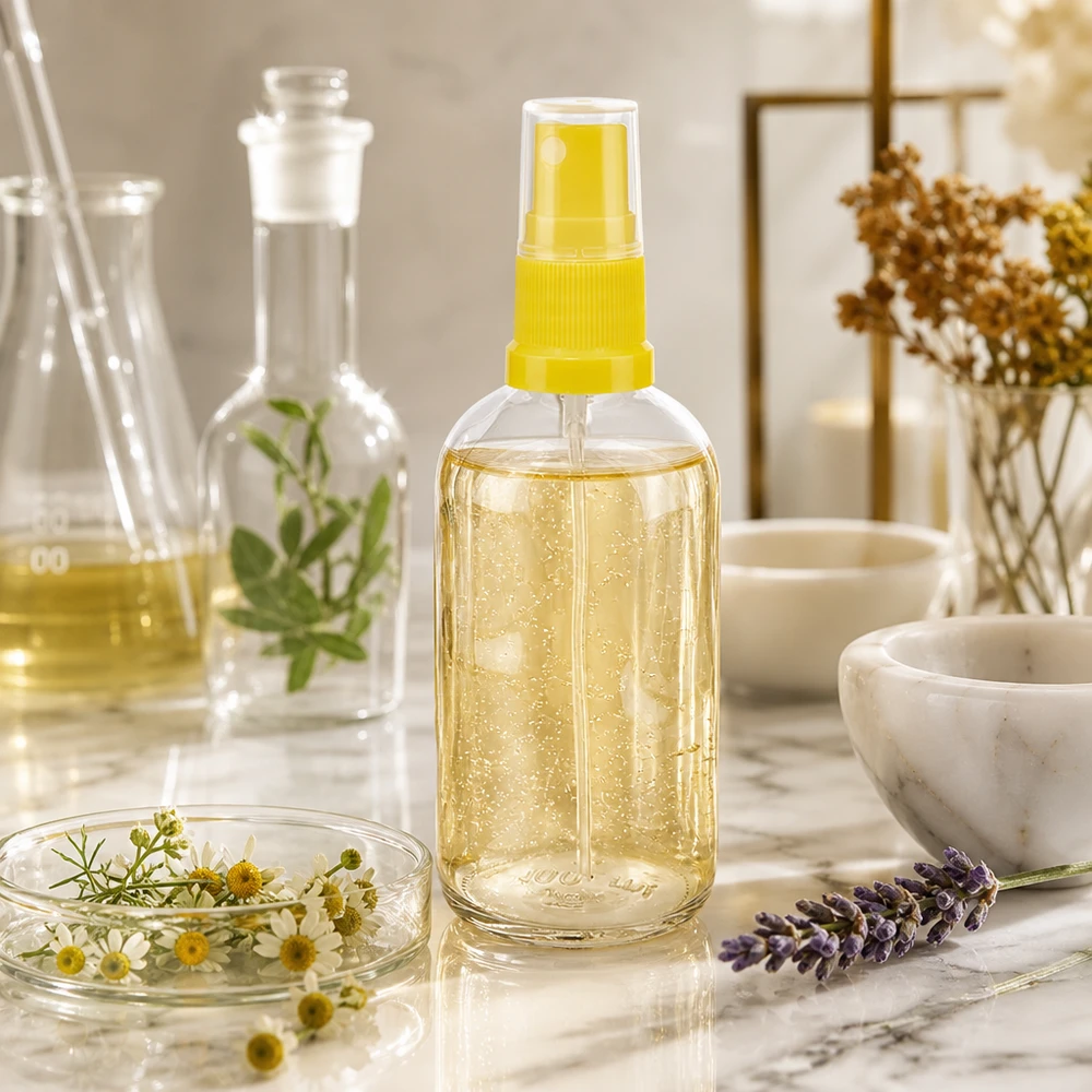 Botella pulverizadora ClearLine UT18 de 100 ml, llena de aceite dorado y flores de manzanilla sobre mármol