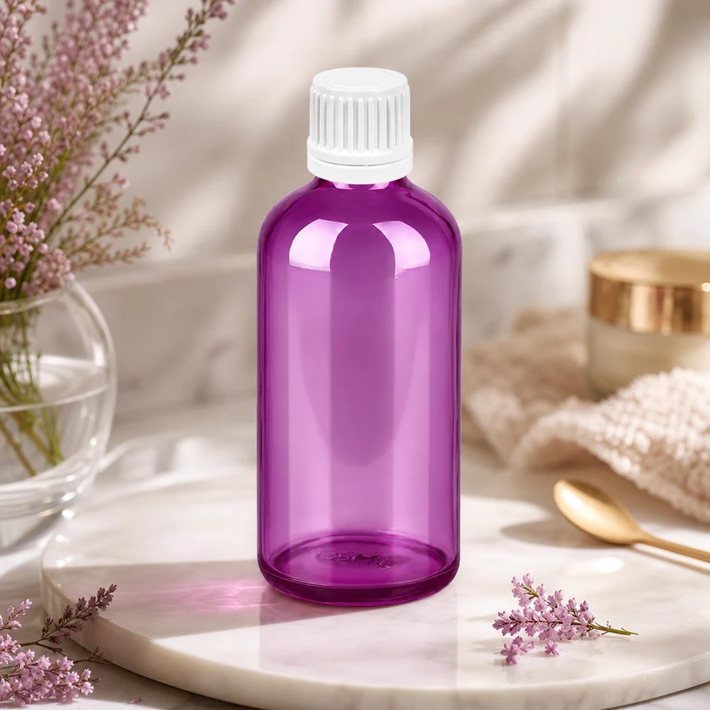 Botella de 100 ml con tapón de rosca blanco de 11 mm Tapón de rosca original PurpleLine UT18/100 Frasco de vidrio de alta calidad de 100 ml en violeta transparente con tapón blanco para cosméticos de bricolaje