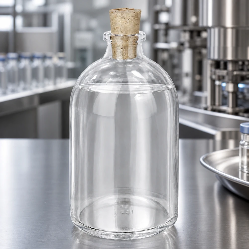 Botella de vidrio transparente, 100ml, con corcho 11/14mm Zylindrische Flasche aus Klarglas 100ml Korken 11/14mm in Pharmaumgebung