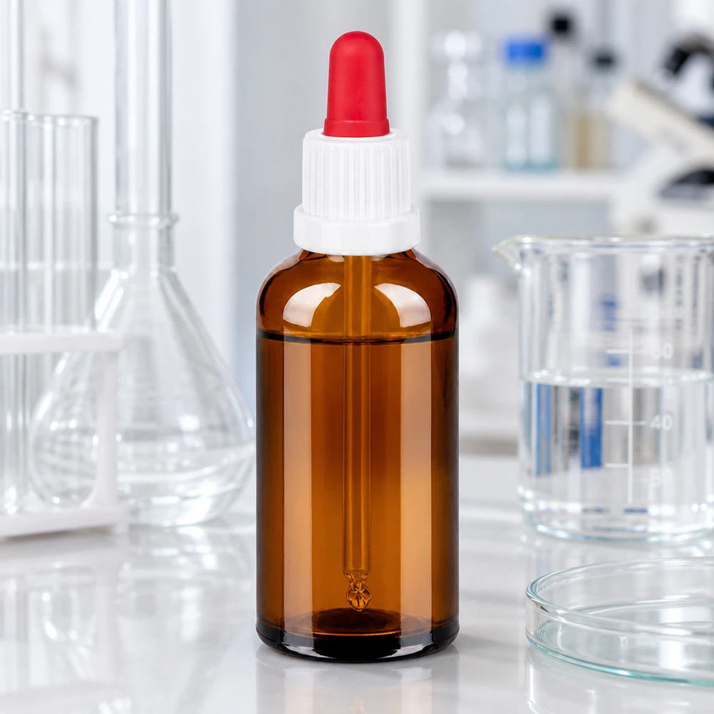 Frasco de laboratorio profesional de 50 ml de vidrio ámbar con protección UV y tapón cuentagotas ergonómico