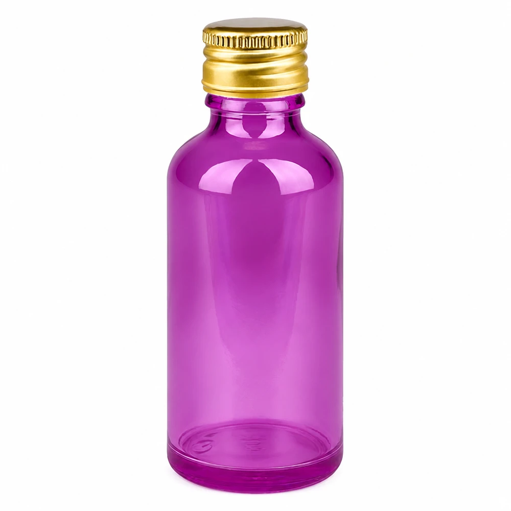 Frasco de 50 ml con tapón de rosca de 11 mm de aluminio estándar dorado PurpleLine. UT18/50 Frasco de cristal violeta de 50 ml con tapón de aluminio dorado para aceites esenciales y cosméticos
