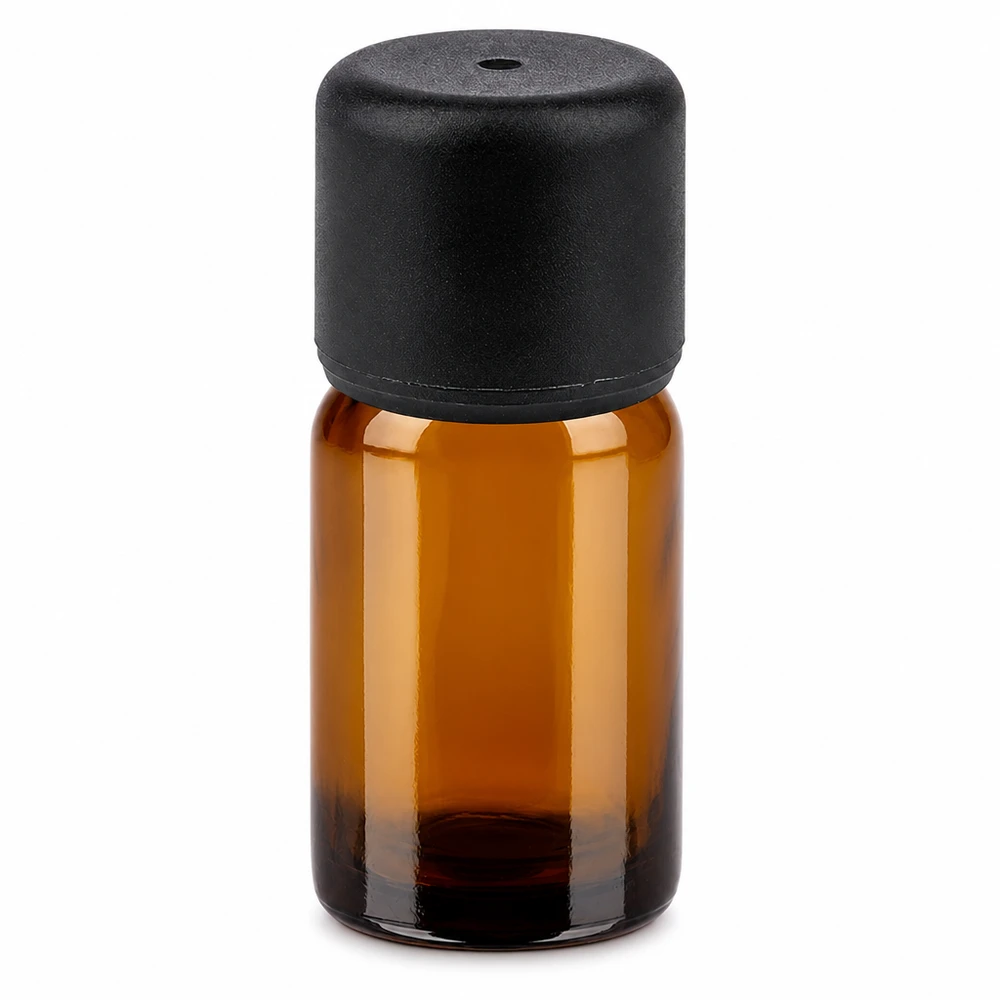 Frasco de vidrio ámbar de 5 ml con tapón negro para aceites esenciales y cosméticos
