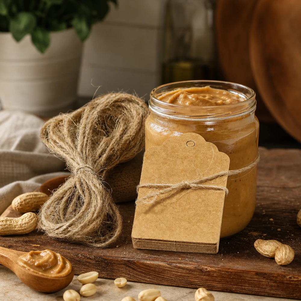Colgante de papel kraft con cordón de cáñamo dispuesto decorativamente junto a mantequilla de cacahuete y frutos secos sobre una mesa de madera.