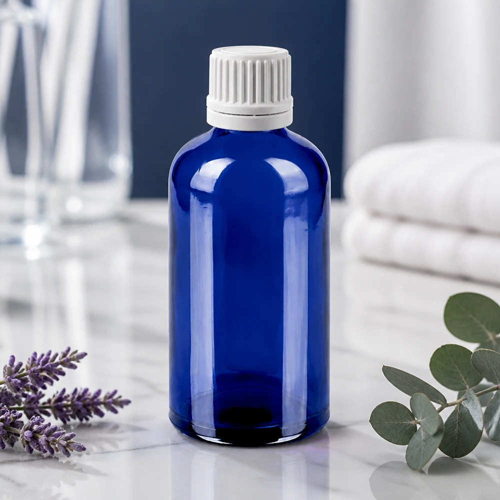 Preciso frasco cuentagotas de 100 ml de robusto vidrio azul con tapón blanco a prueba de niños