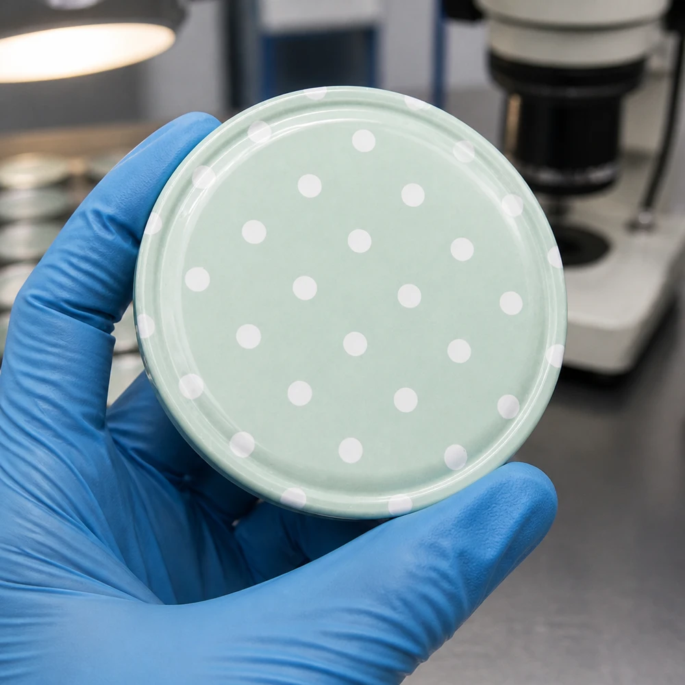 Tapa BasicSeal TO63 en color verde menta con puntos blancos, situada frente a un microscopio de laboratorio
