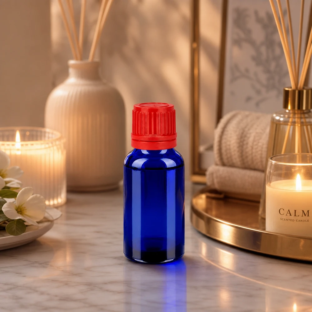 Pequeño frasco de vidrio de 20 ml de la serie BlueLine con tapón rojo original para una dosificación precisa