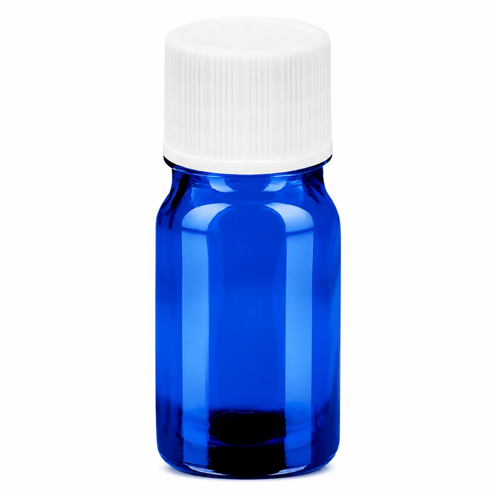 Frasco de 5 ml con tapón de rosca de 11 mm estándar blanco BlueLine UT18/5 Frasco de vidrio azul de 5 ml con tapón de rosca blanco de 11 mm para aceites esenciales y extractos