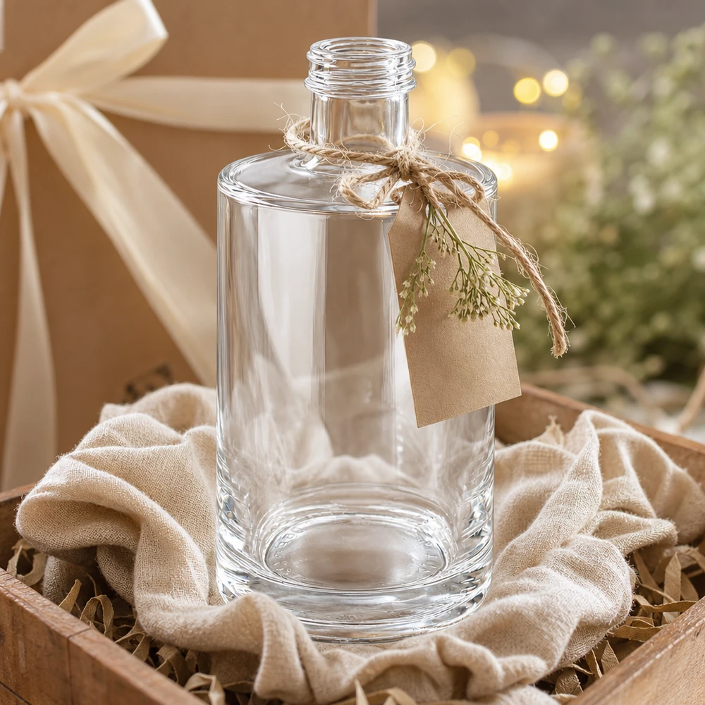 Botella de cristal de 375 ml Sam empty en caja de regalo con cinta y etiqueta presentada decorativamente como set de regalo