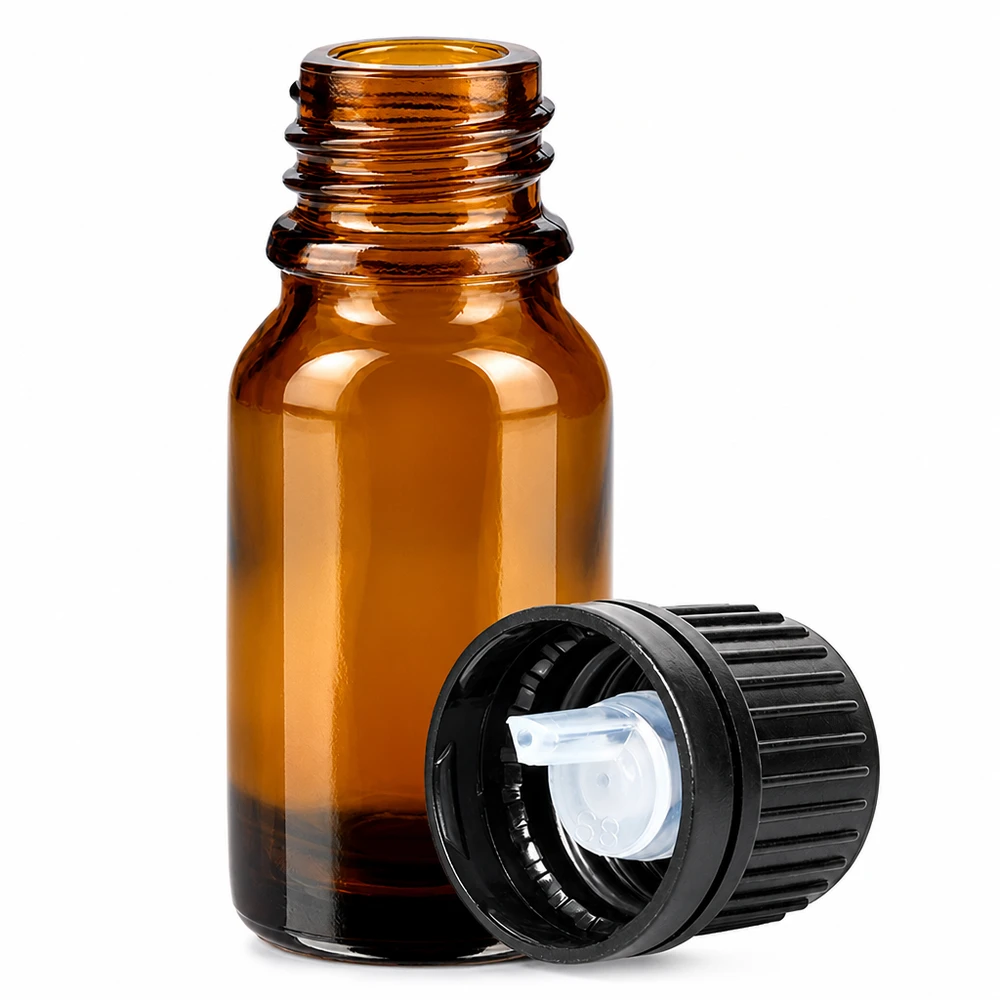 Frasco de vidrio marrón de 10 ml con cuentagotas de 1 mm y tapón de rosca negro para una dosificación precisa