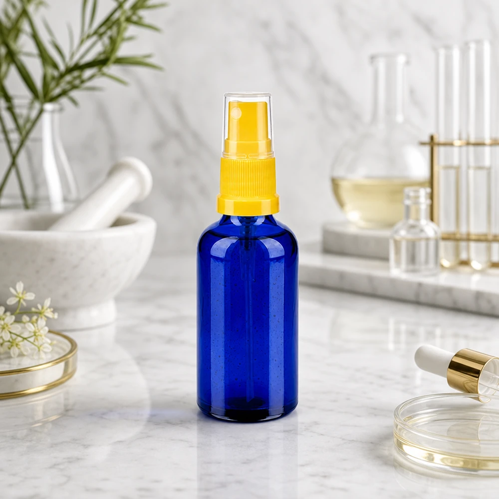 Frasco de cristal tintado azul de 50 ml con protección UV y atomizador amarillo para sustancias fotosensibles