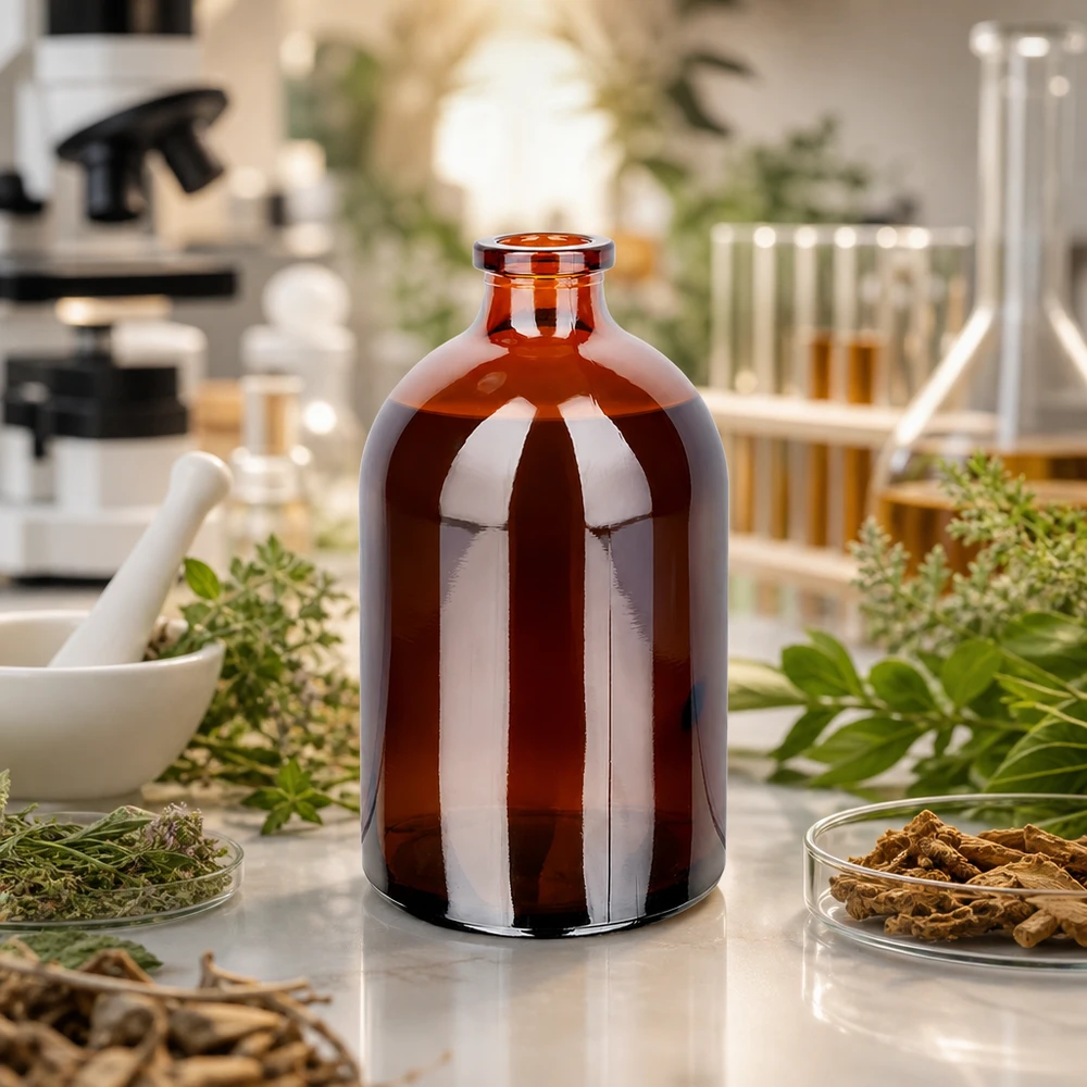 Frasco de inyección de vidrio ámbar 100ml Injektionsflasche Braunglas 100ml mit schmalem Rollrandhals umgeben von botanischen Laborproben