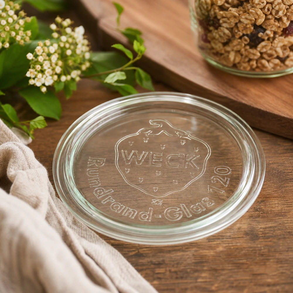 Tapa de cristal WECK RR120 Primer plano con logotipo en relieve sobre fondo de madera junto a nueces y flores blancas