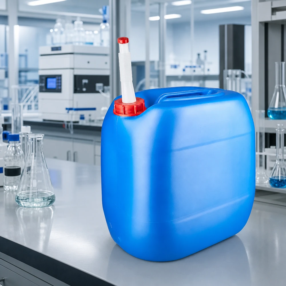 Bidón 30 litros azul con tubo de salida Flex Bidón rectangular azul de 30 litros con tubo de salida flexible sobre la mesa de laboratorio, entre dos matraces de Erlenmeyer