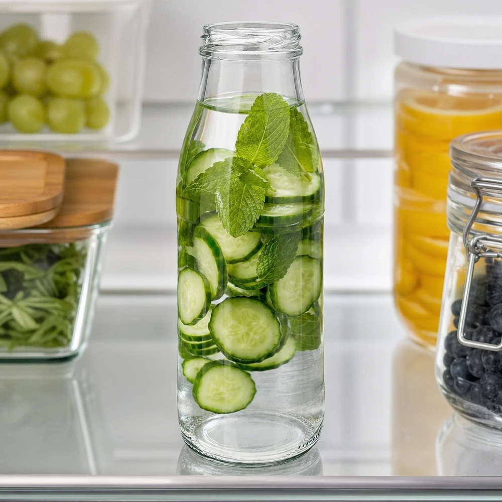 Frasco de vidrio de 500 ml sin tapa (TO48) UNiTWIST 500ml Glasflasche TO48 UNiTWIST mit Gurkenscheiben und Minze als Infused Water im modernen Kühlschrank