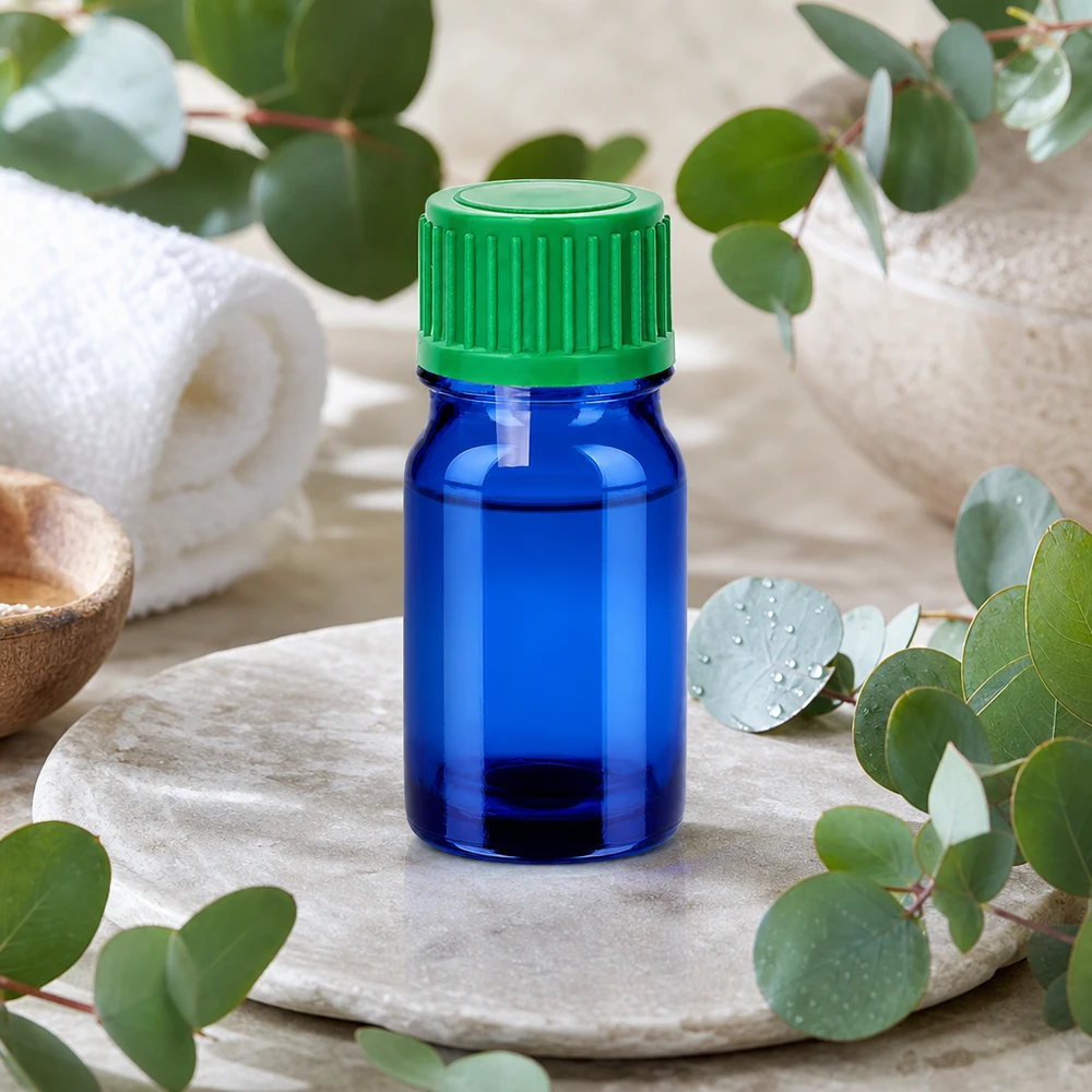 Frasco gotero compacto de 5 ml en azul con práctico tapón verde para uso móvil