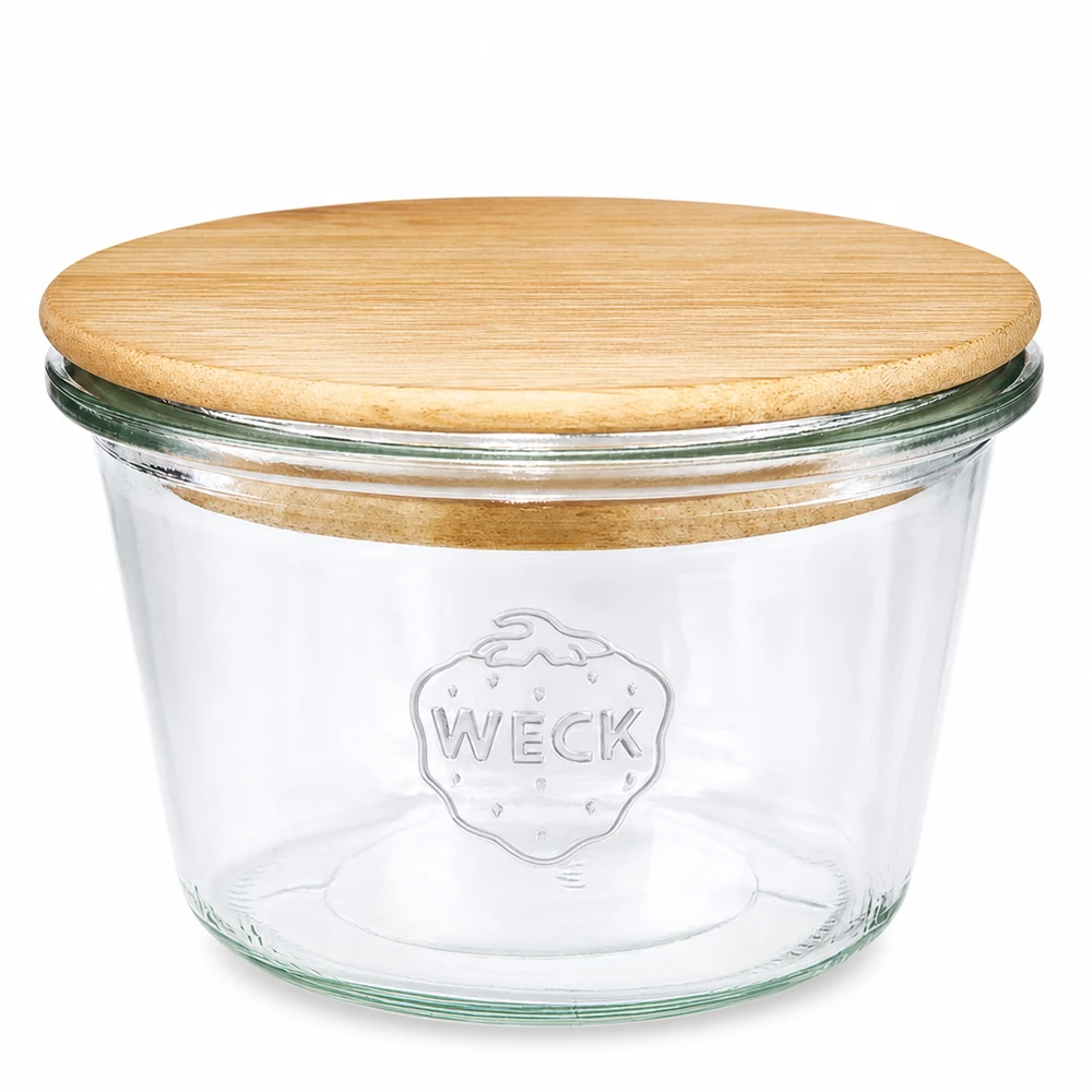 Vaso de 370ml WECK RR100 con tapa de madera 370ml WECK RR100 mason jar con tapa de madera - tarro redondo de cristal para conservas con tapa de bambú para la cocina