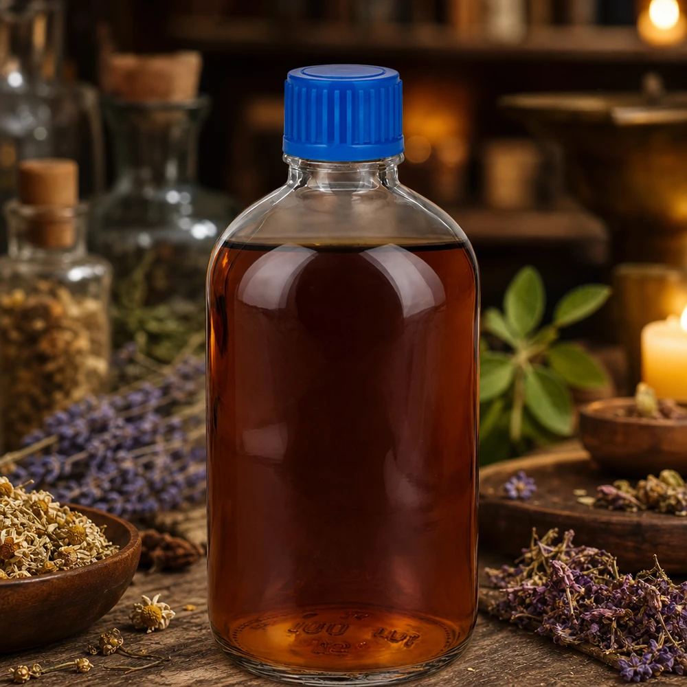 Botella pequeña de cristal transparente de 100 ml con tapón azul para extractos de hierbas y tinturas ClearLine UT18