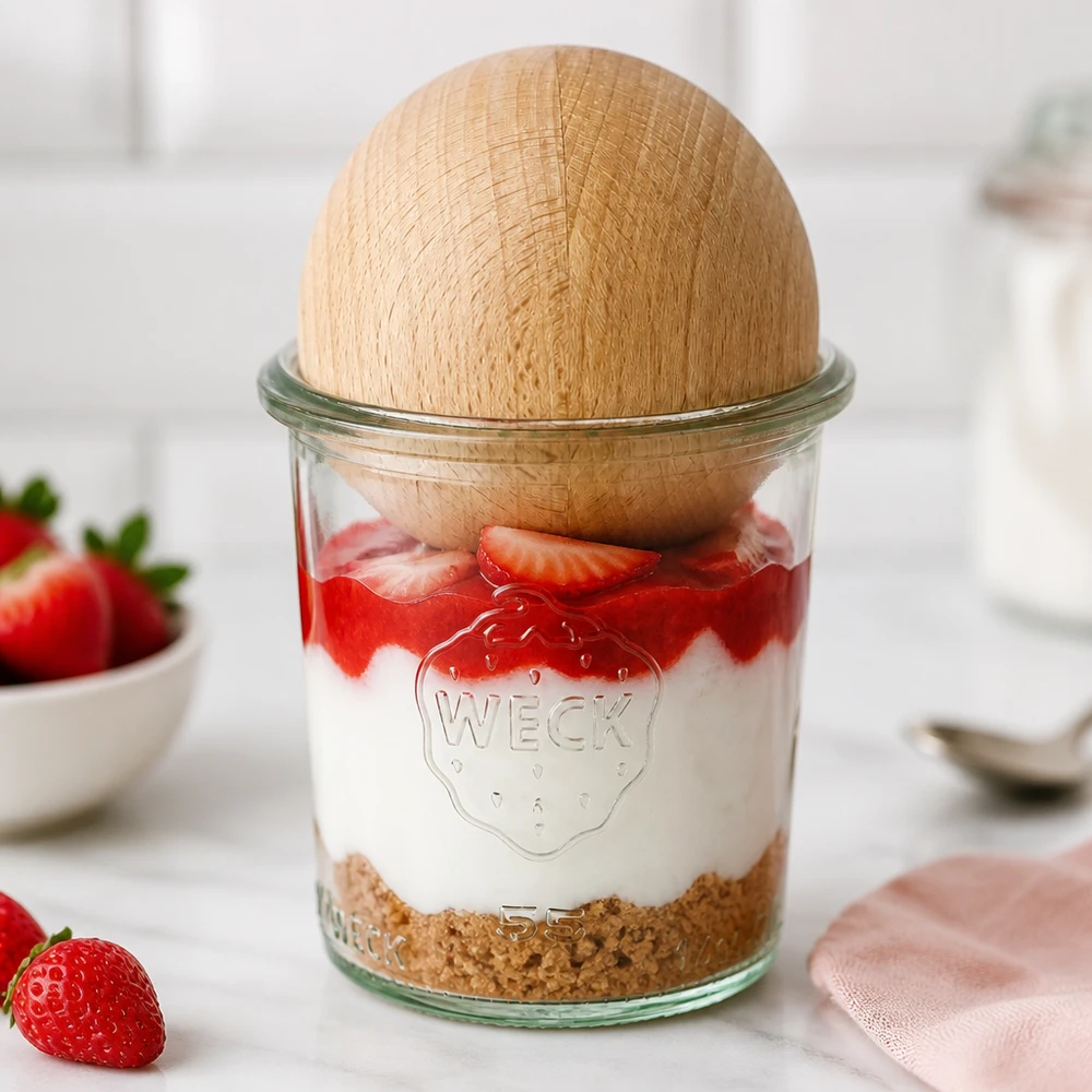 Vasos WECK RR60 de 140ml con bola de madera de haya WECK Sturzglas 140ml RR60 als Dessertglas mit Erdbeeren und Sahne, Holzkugel aus Buche als stilvoller Deckel