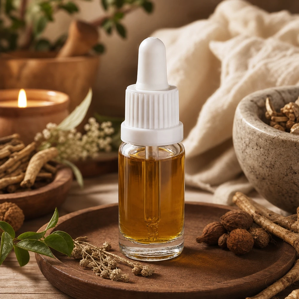 Aceite esencial en frasco con pipeta de 10 ml, blanco, modelo OV ClearLine UT18/10, rodeado de raíces de hierbas