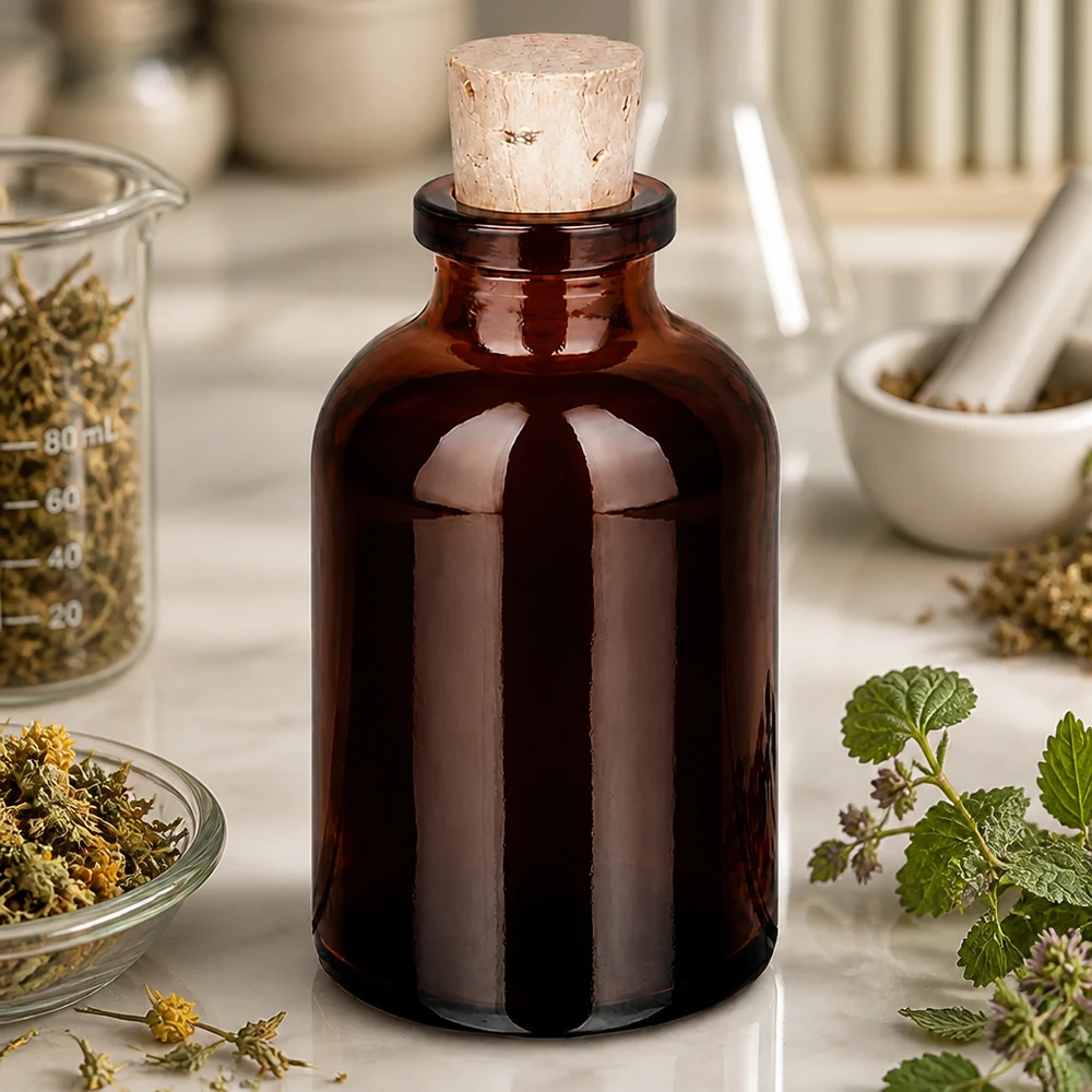 Botella de vidrio ámbar 30ml con corcho 11/14mm Dunkle Glasflasche 30ml mit Korken für Homöopathie und Pflanzentinkturen