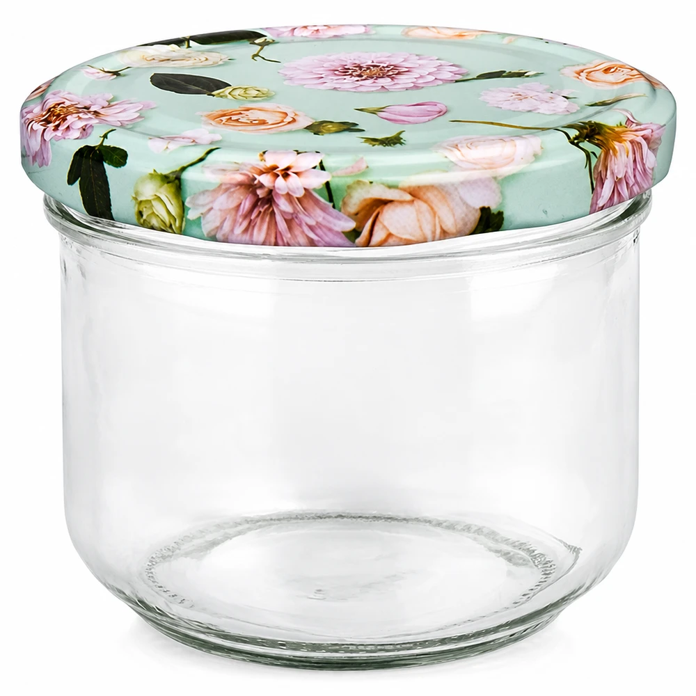 Vasos de 260 ml con tapa BasicSeal en color menta con motivos florales, tarro de conserva vacío para mermelada y conservas