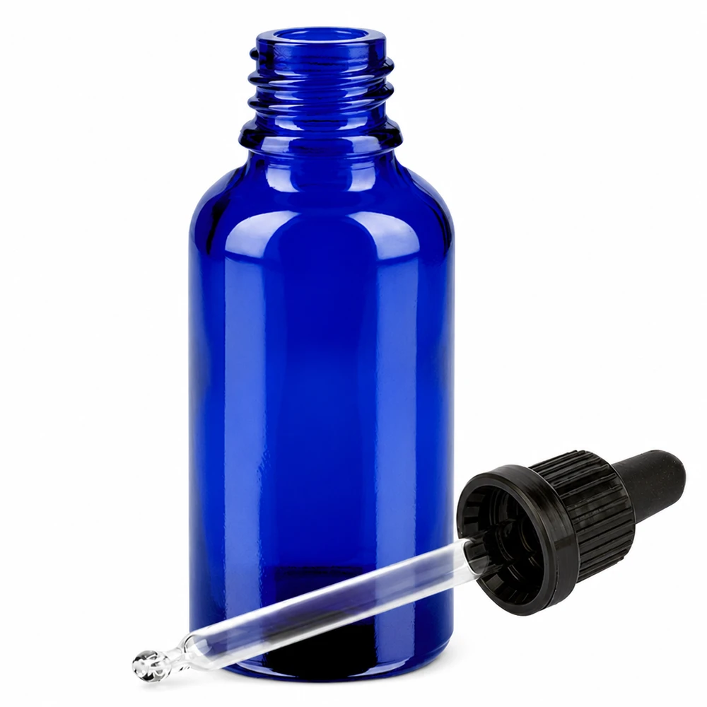 Frasco de vidrio azul de 30 ml con pipeta y tapón cuentagotas negro para una dosificación precisa
