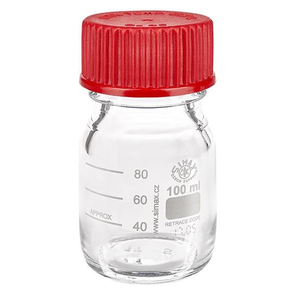 Frasco roscado de laboratorio de 100 ml de vidrio de borosilicato 3.3. con tapón de rosca rojo, precinto y anillo vertedor. Frasco roscado de laboratorio de 100 ml de vidrio de borosilicato 3.3. con tapón de rosca rojo, precinto y anillo vertedor.
