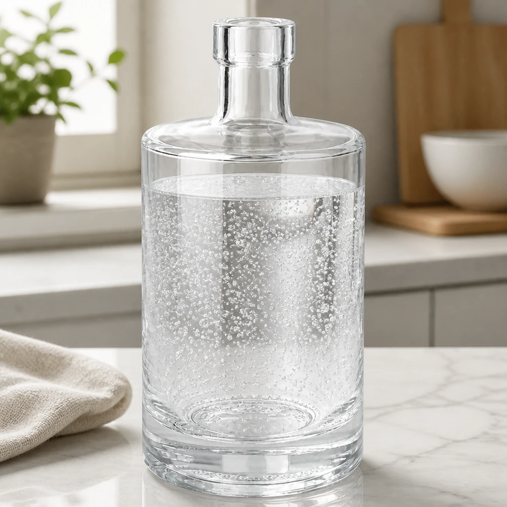 Botella de vidrio de 500 ml «Marie» sin tapón UNiTWIST® Botella de cristal de 500 ml de Marie llena de agua mineral con gas sobre una encimera de mármol en una cocina moderna