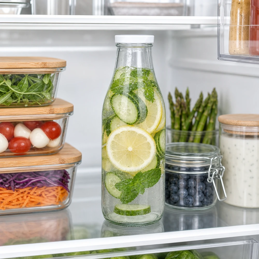 Botella de cristal de 1000 ml en la nevera con agua de pepino limón menta Tapa BasicSeal blanca Meal Prep Infused Water