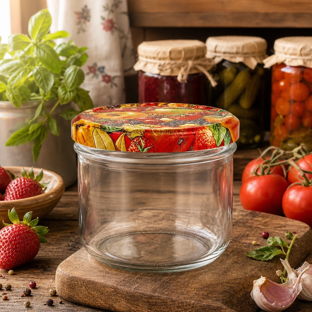 Vasos 260ml + tapa BasicSeal decoración frutas UNiTWIST Leeres 260ml Sturzglas mit dekorativem Obst-Deckel umgeben von frischen Tomaten und Erdbeeren in Küche