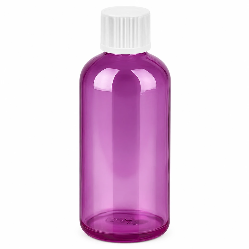 Botella de plástico de 100ml en púrpura transparente con tapón de rosca blanco 11mm para cosmética y farmacia