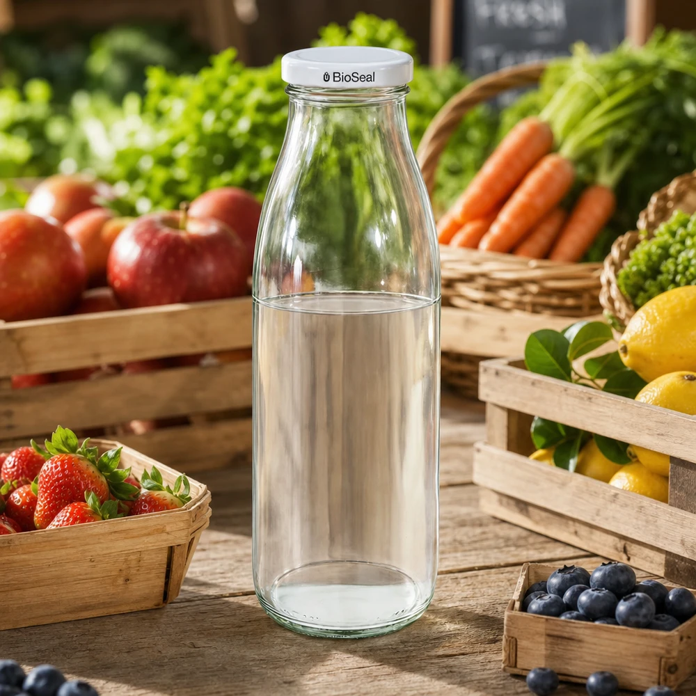 Frasco de vidrio de 500ml + tapa BioSeal blanca UNiTWIST 500ml Glasflasche mit BioSeal Deckel auf Marktstand zwischen frischem Obst und Gemüse, ideal für Säfte und Smoothies