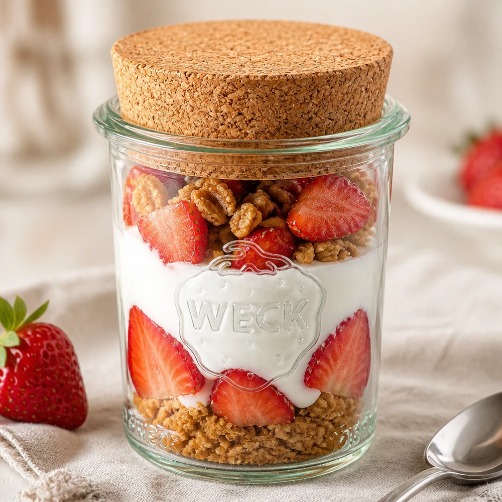tarro WECK 160ml RR60 relleno de yogur fresas y nueces como postre en tarro con tapa de corcho