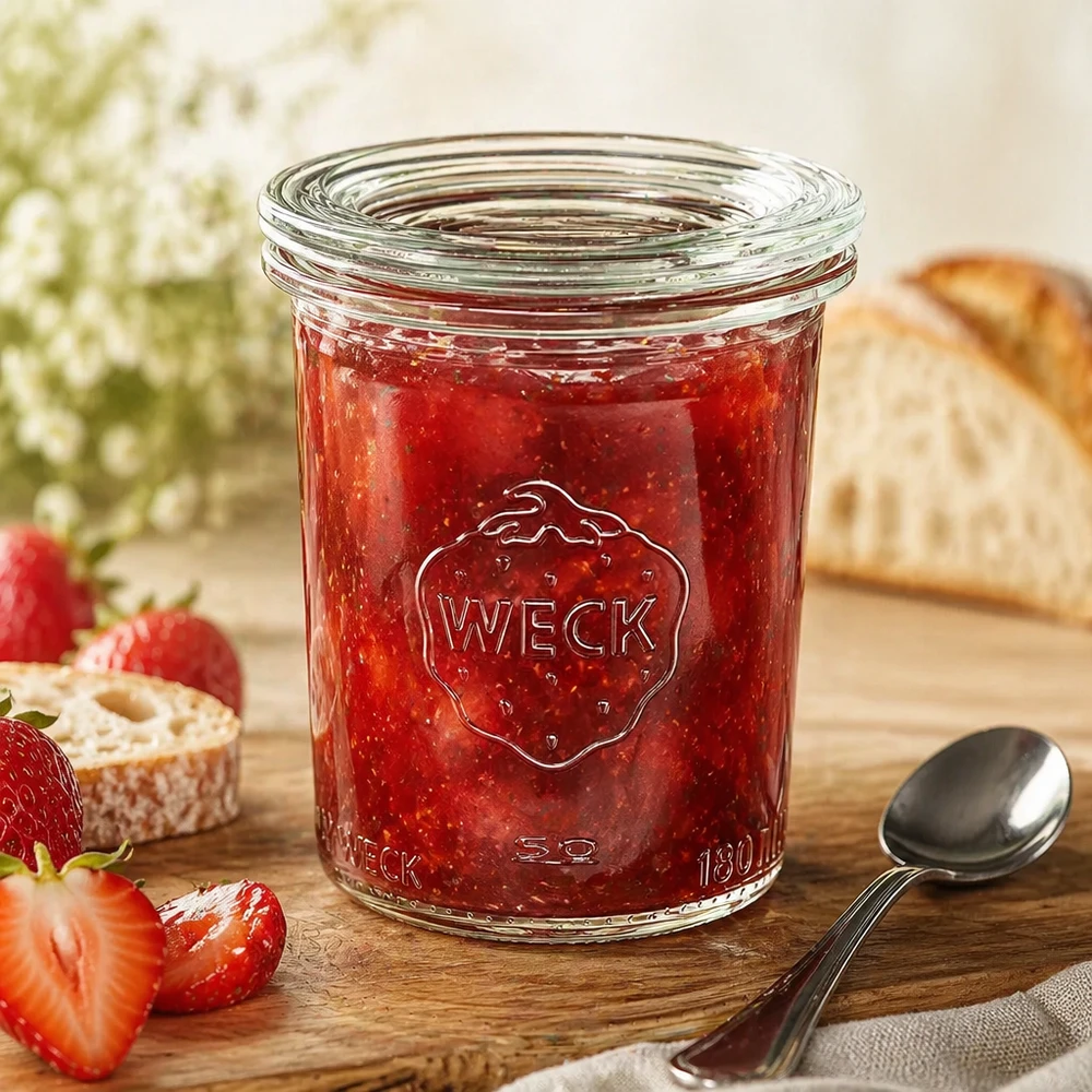 Tarro de cristal de 160 ml con tapa de cristal WECK RR60 WECK RR60 Tarro de 160 ml con mermelada de fresa roja y cuchara, decorado con pan y fresas