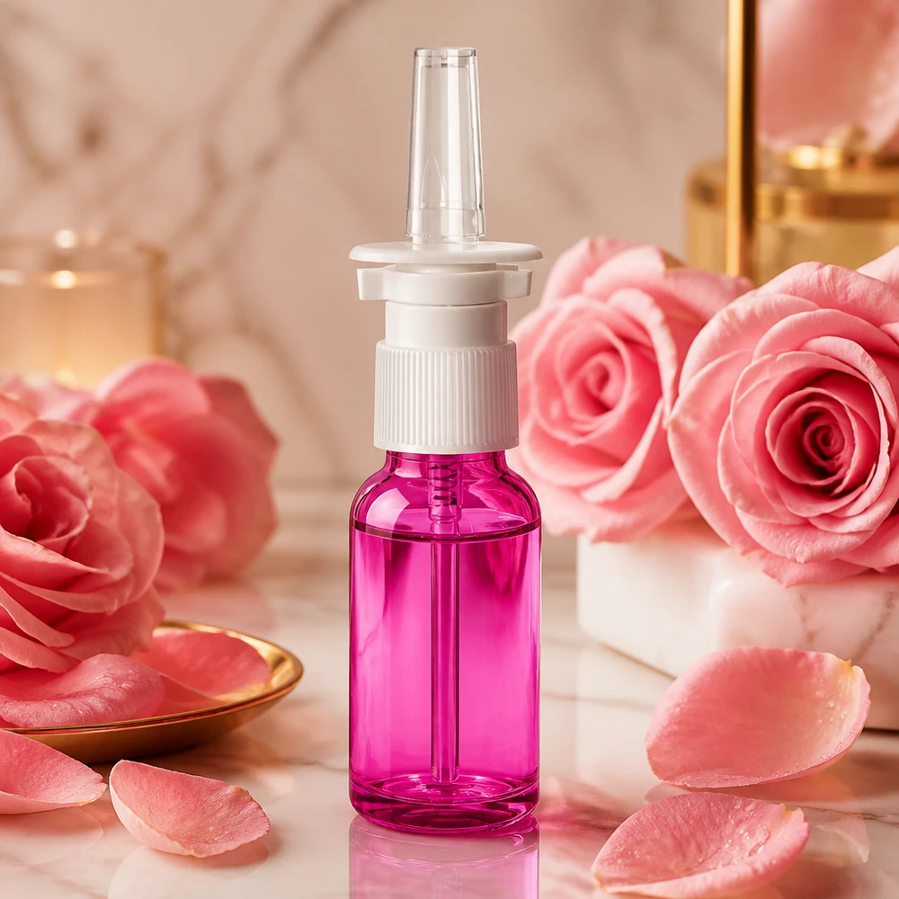 Frasco pulverizador nasal de 20 ml de plástico de alta calidad con cabezal pulverizador ergonómico de color morado