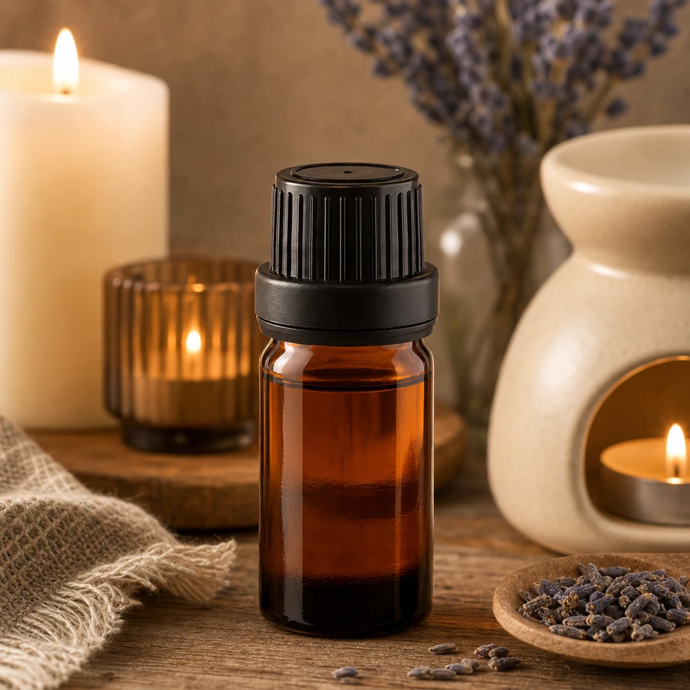 Frasco de vidrio ámbar de 5 ml con tapón de seguridad negro de 11 mm, rodeado de lavanda y velas