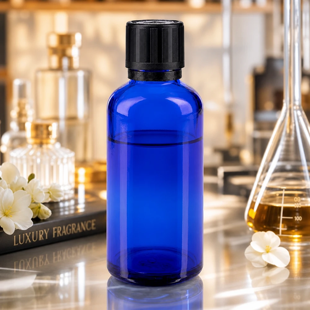Frasco de laboratorio azul de 50 ml con tapón OV negro para matraces de Erlenmeyer y frascos de perfume