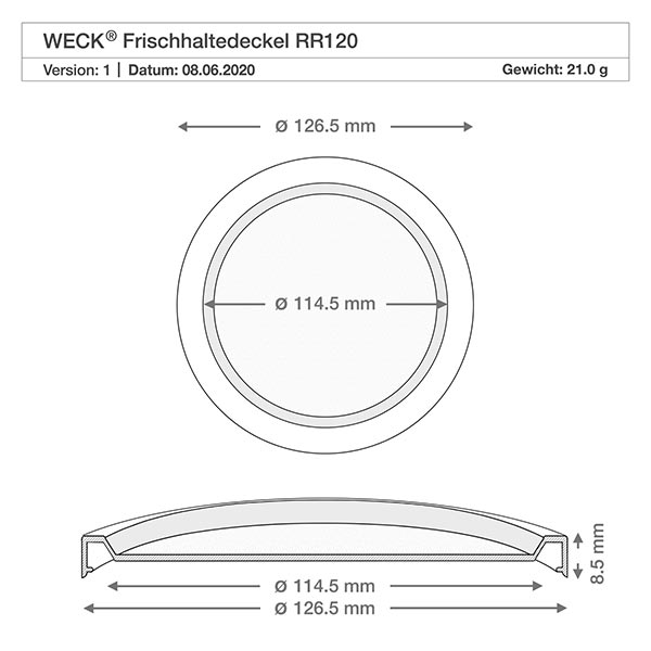 Tarro gourmet de 300ml con frisado. WECK RR120 Dibujo técnico de la tapa de conservación WECK RR120 de 126,5 mm de diámetro y 114,5 mm de sección transversal